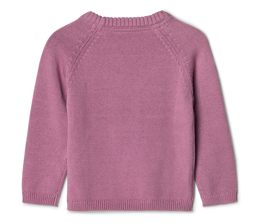 Rückansicht eines schlichten, gedeckten rosa Strickpullovers mit Raglanärmeln, geripptem Kragen, Bündchen und Saum.