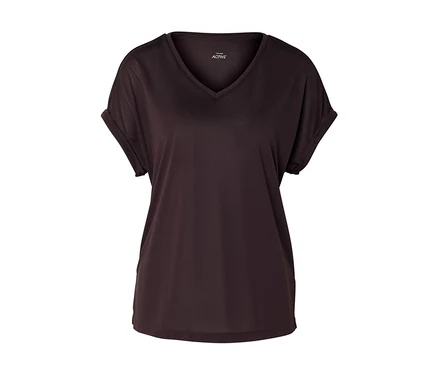Dunkelbraunes T-Shirt mit V-Ausschnitt und kurzen, umgeschlagenen Ärmeln.