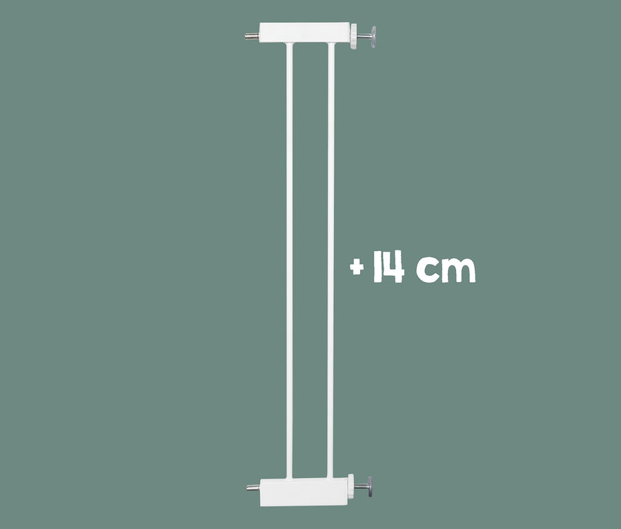 Weißes Schutzgitter-Verlängerungsteil mit der Aufschrift „+ 14 cm“.