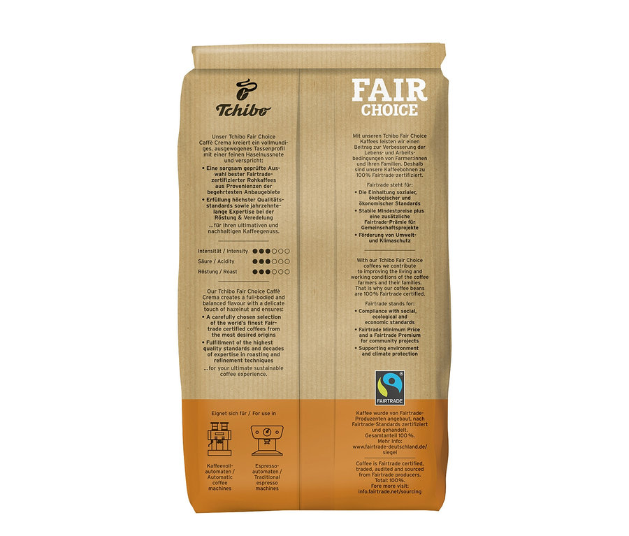 Eine Packung Fair Choice Caffè Crema Ganze Bohne.