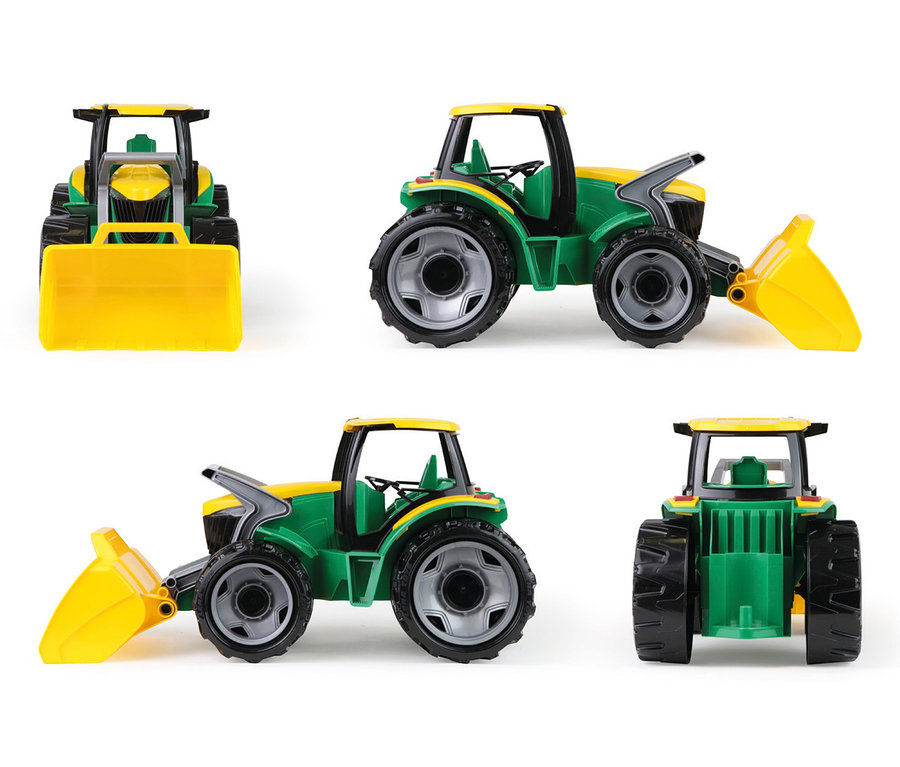 GIGA TRUCKS Traktor mit Frontlader, grün und gelb, in fünf Ansichten gezeigt.