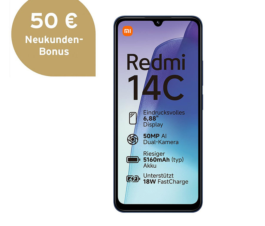 Abbildung eines Xiaomi Redmi 14C 128GB Starry Blue Mobiltelefons.