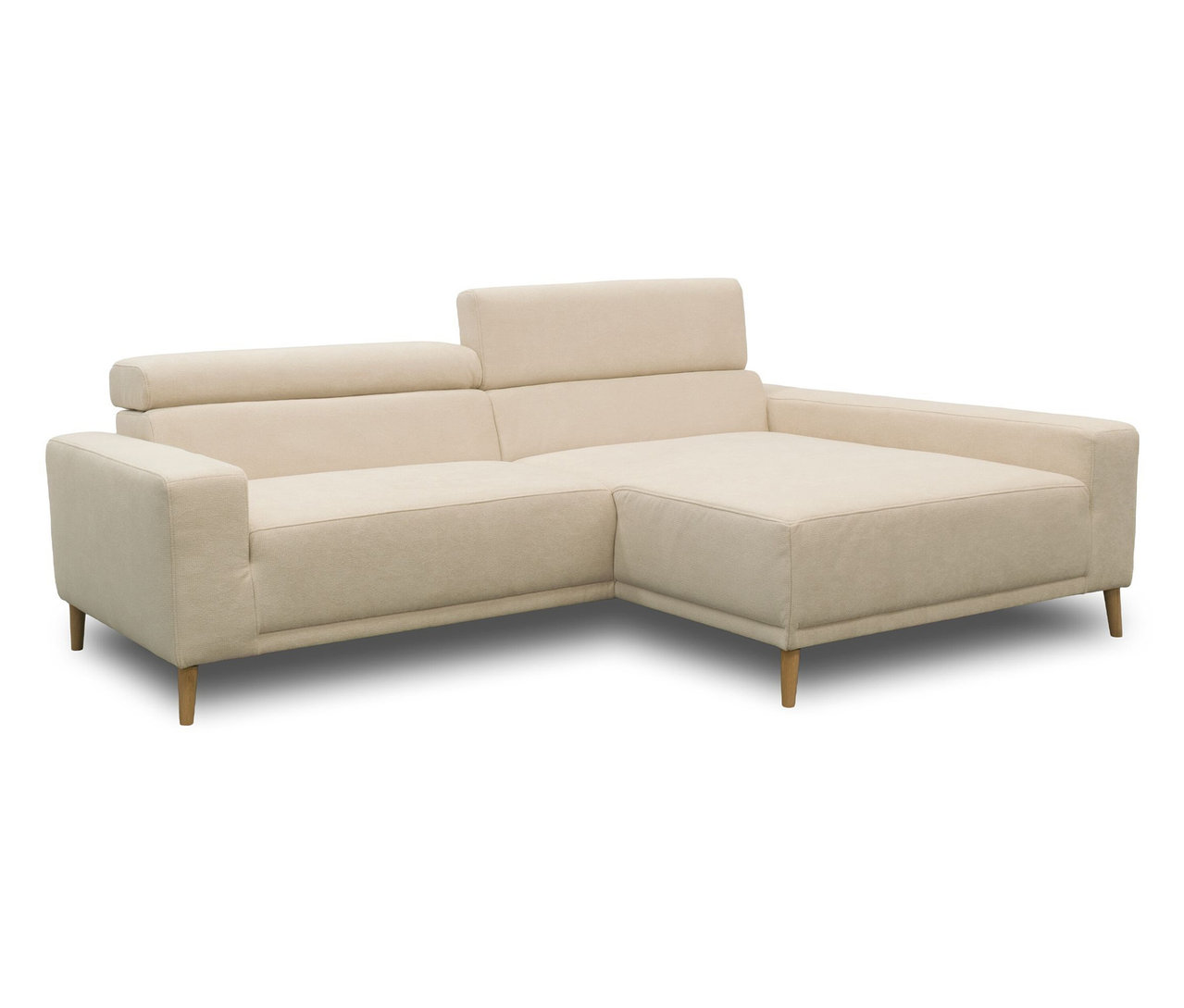 DOMO Sofa »Malmö« in Creme, L-förmig mit Longchair rechts, Kopfteilverstellung und Holzfüßen.