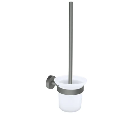 Wandmontierter tesa® MOON WC-Bürstenhalter mit dunkelgrauem Metall und mattiertem Glasbecher.