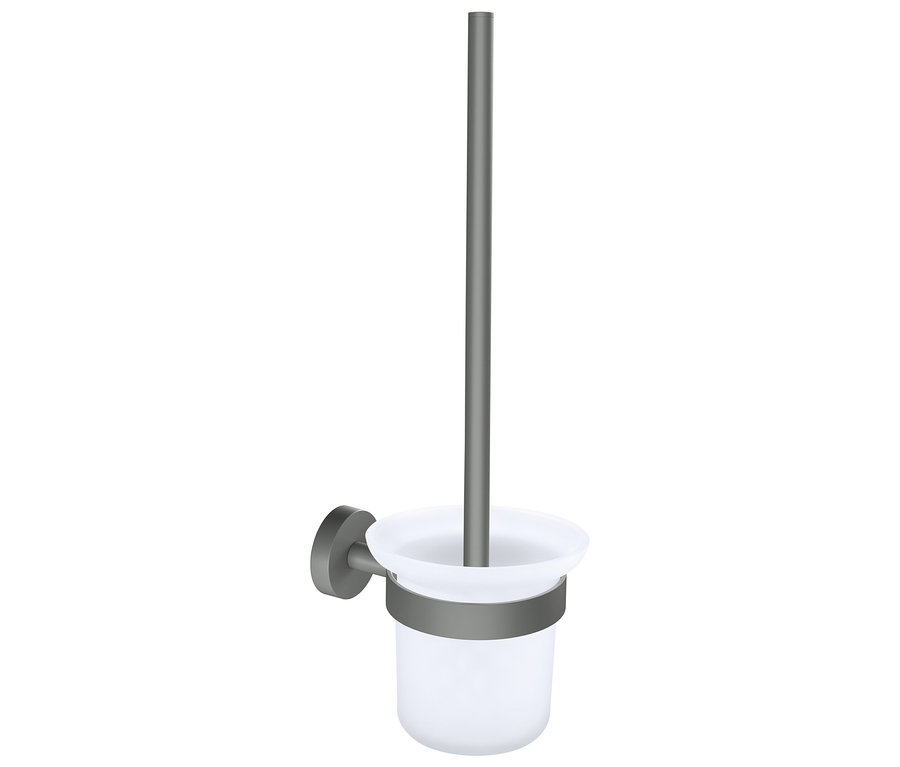 Wandmontierter tesa® MOON WC-Bürstenhalter mit dunkelgrauem Metall und mattiertem Glasbecher.