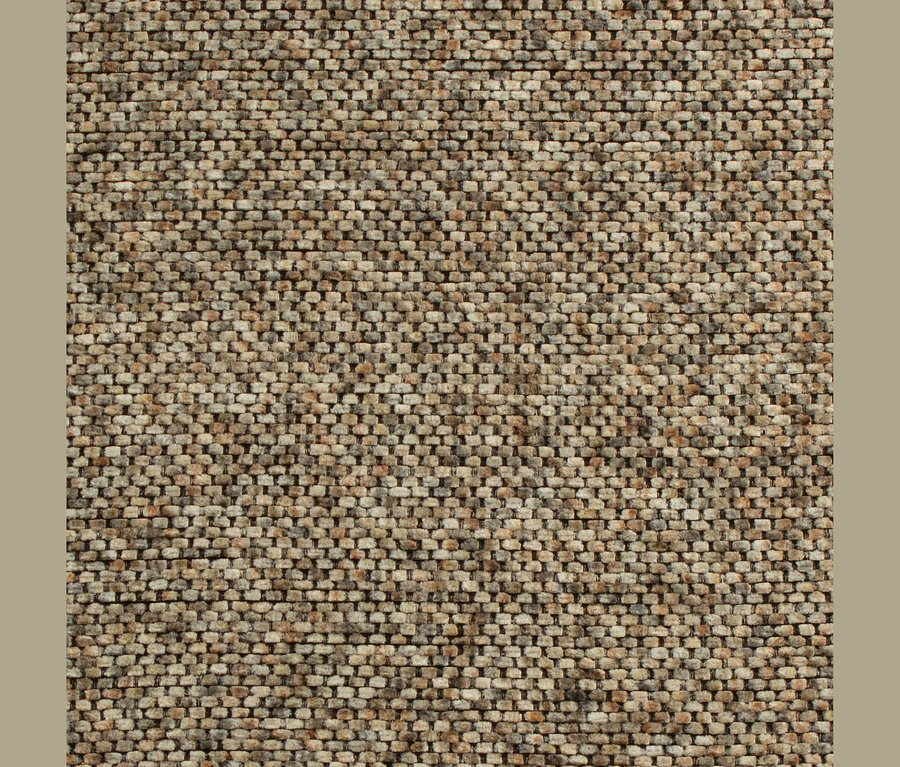 Nahaufnahme eines gewebten Stoffes mit strukturierter, melierter Optik, mit Fäden in Beige-, Braun- und Grautönen.
