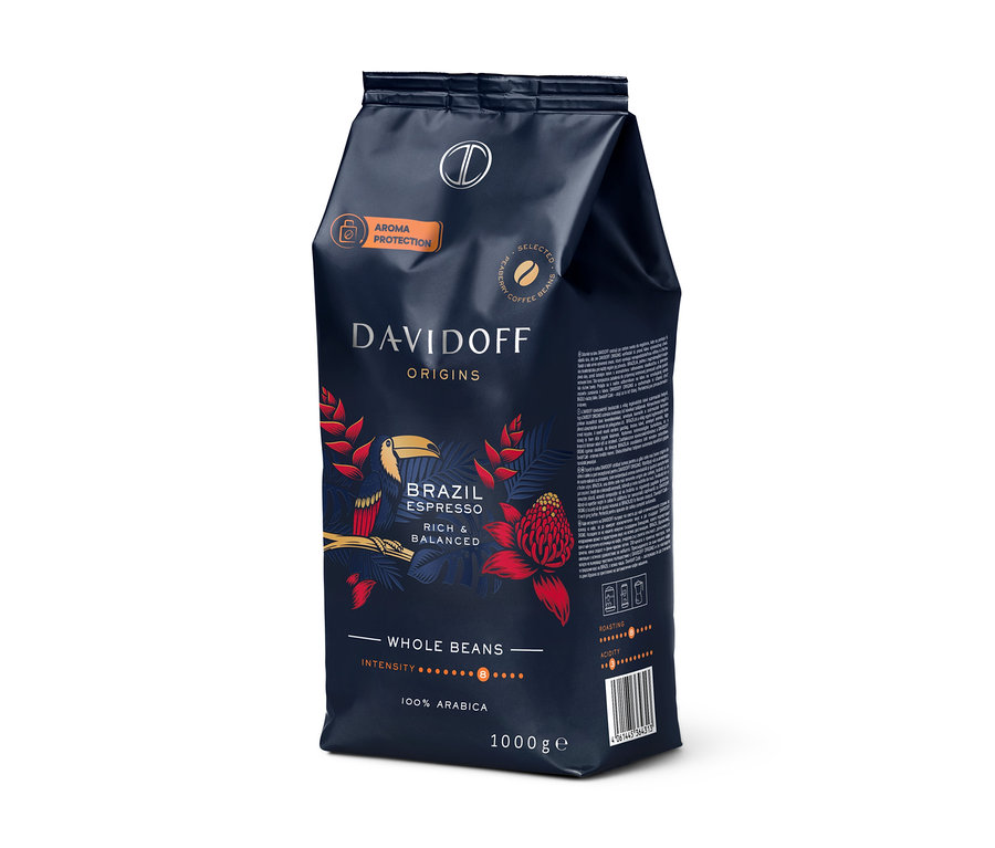 Eine Packung Davidoff Café Origins Brazil Kaffeebohnen, 1 kg.