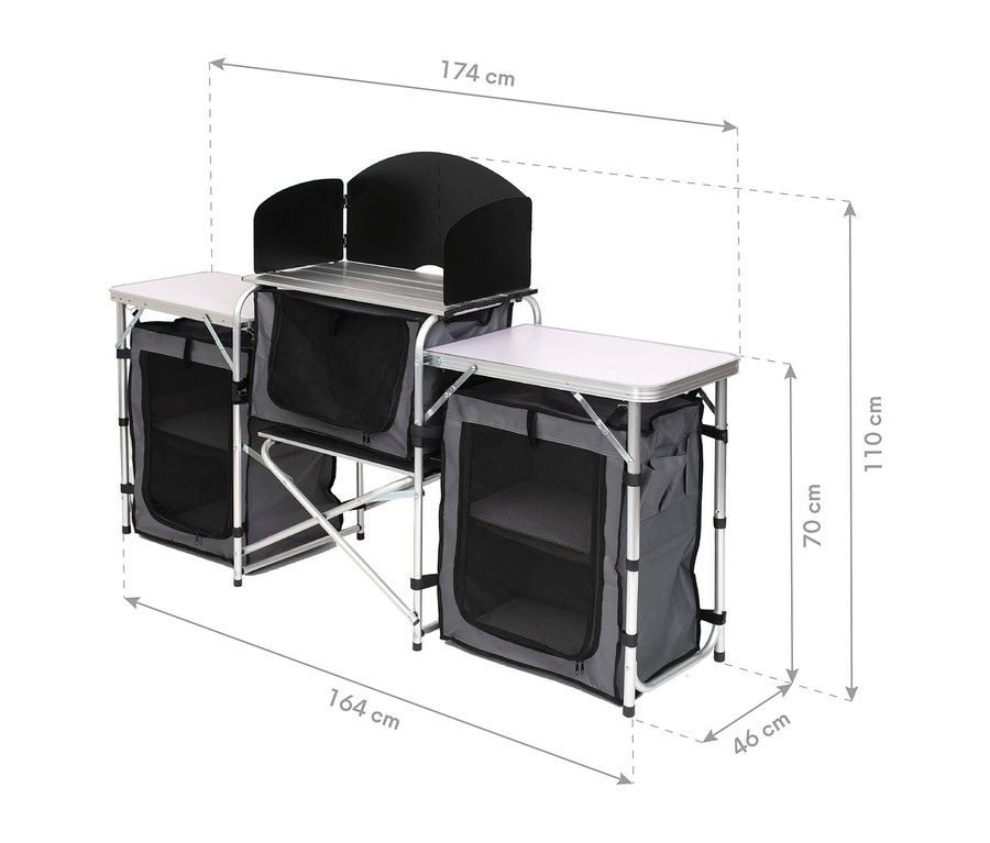 Faltbare Campingküche »Redwood M« in Grau und Schwarz mit Windschutz, seitlichen Ablageflächen auf 70 cm Höhe und drei Staufächern. Gesamtmaße: 174 cm breit, 110 cm hoch, 46 cm tief.