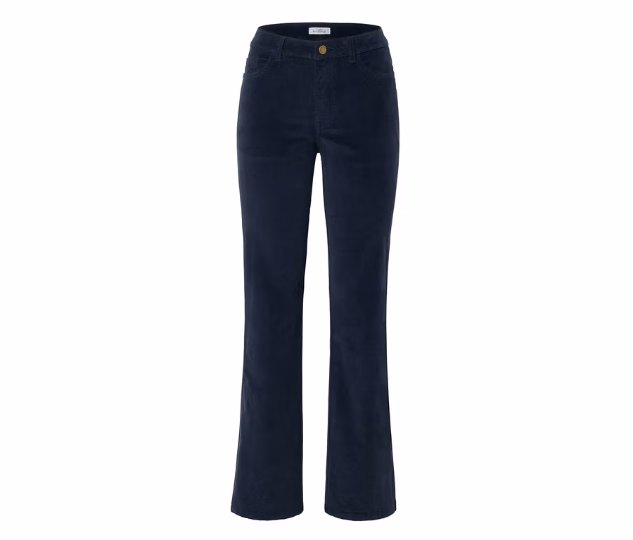 Dunkelblaue Cord-Hose im Bootcut-Stil.