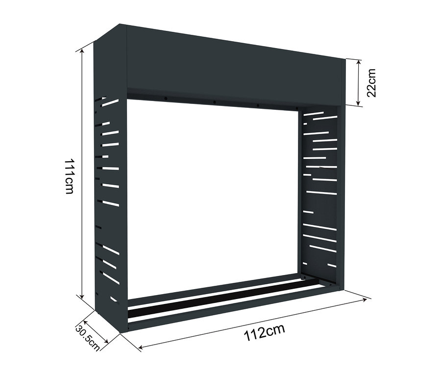 Dunkelgraues Kaminholzregal mit Pflanzkasten, 111 cm hoch, 112 cm breit und 30,5 cm tief. Der obere Pflanzkasten ist 22 cm hoch.