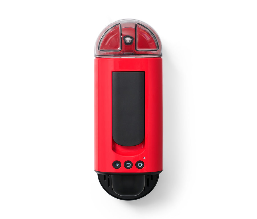 Die rote Cafissimo now red Kapselmaschine steht auf einem weißen Untergrund.