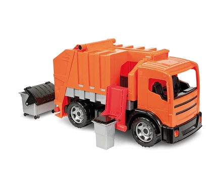 Oranger GIGA TRUCKS Müllwagen mit einem kleinen grauen Mülleimer, der an der roten Hebevorrichtung hängt, und einem größeren grauen Müllcontainer dahinter.