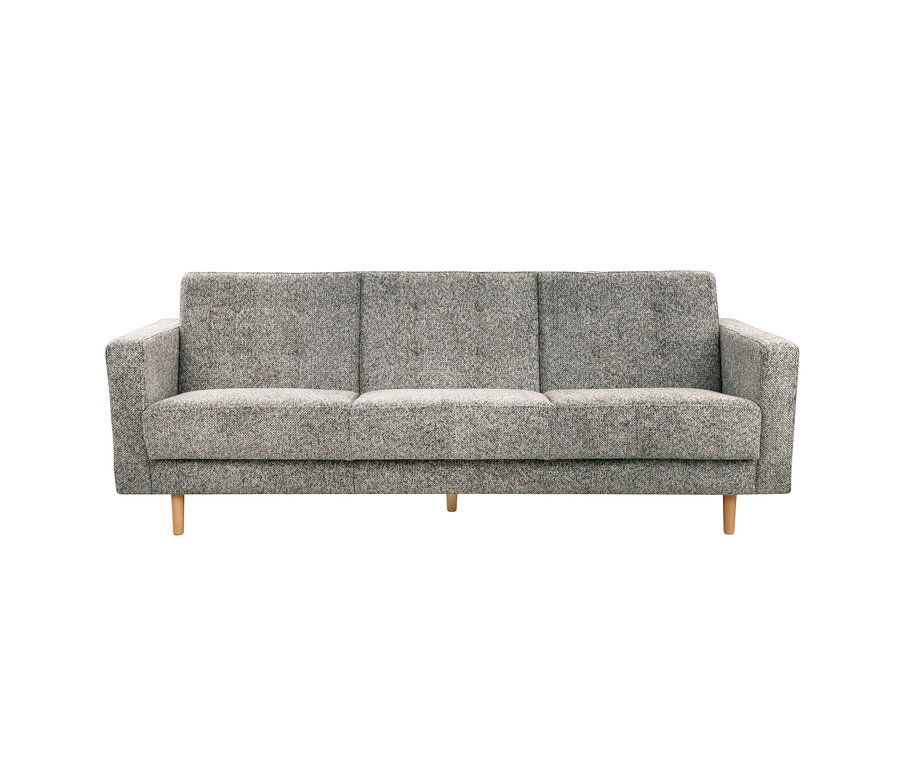 Ein taupefarbenes 3-Sitzer Schlafsofa »Janny« mit strukturiertem Stoff und hellen Holzfüßen.