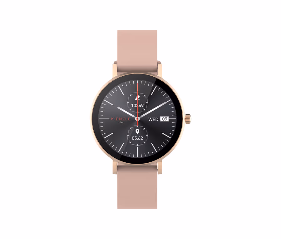 Nahaufnahme der roségoldfarbenen Kienzle Uhr »Active Smart Slim« mit schwarzem Zifferblatt und rosafarbenem Armband.