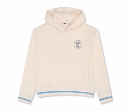 Offwhite FILA Damen-Hoodie »MARLIA« mit Kapuze, Kängurutasche und gerippten Bündchen/Saum mit zwei hellblauen Streifen. Auf der Brust ist ein rundes Logo mit „CIRCOLO DEL TENNIS“, „FILA“, „ITALIA 1911“ und einer Säule abgebildet.
