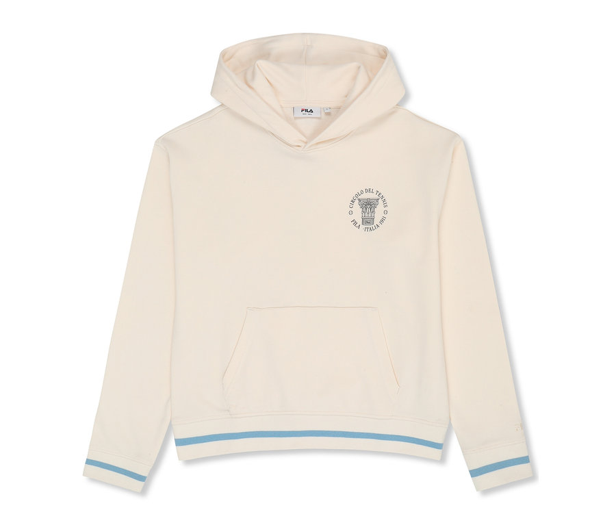 Offwhite FILA Damen-Hoodie »MARLIA« mit Kapuze, Kängurutasche und gerippten Bündchen/Saum mit zwei hellblauen Streifen. Auf der Brust ist ein rundes Logo mit „CIRCOLO DEL TENNIS“, „FILA“, „ITALIA 1911“ und einer Säule abgebildet.