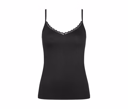Schwarzes Triumph Feel Of Cotton Spaghetti-Top mit Spitzenbesatz am V-Ausschnitt.