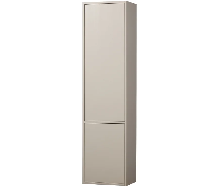 Hoher, schmaler Schrank in Hellgrau/Beige mit zwei Türen übereinander.
