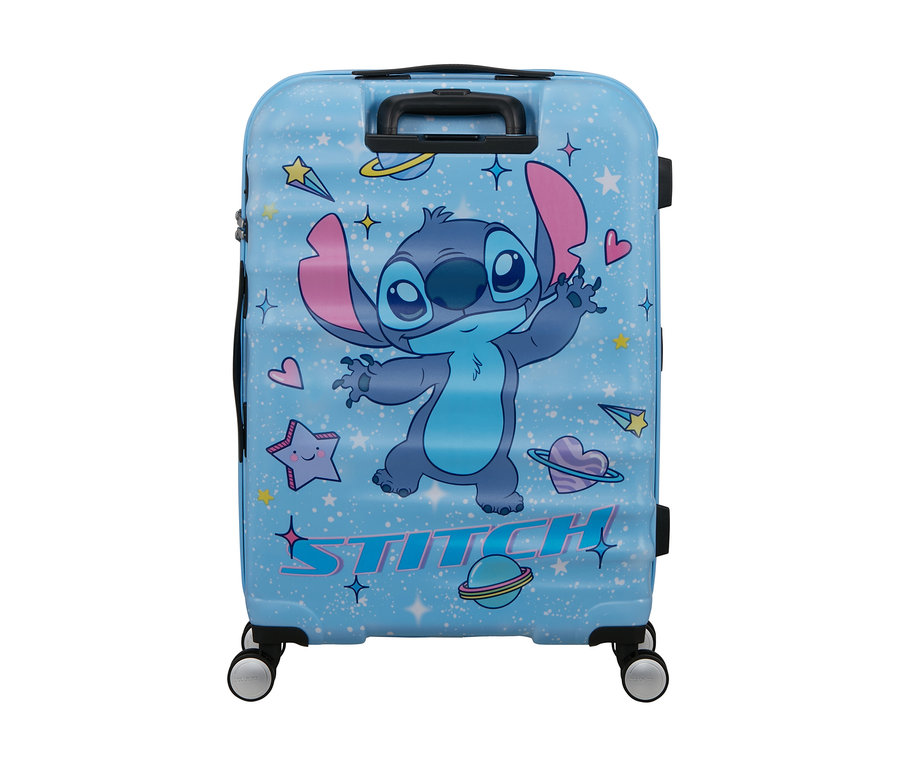Hellblauer Koffer mit großem Cartoon-Bild von Stitch, umgeben von Sternen, Herzen und Planeten, und dem Wort „STITCH“ unten.