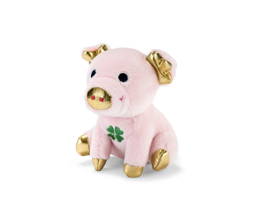 Sitzendes rosa Glücksschweinchen mit Sound, schwarzen Augen und goldenen Details.