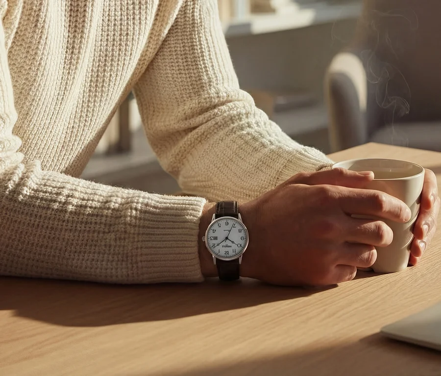 Eine Person im cremefarbenen Pullover hält eine Tasse. Eine Armbanduhr mit braunem Lederarmband ist am Handgelenk zu sehen.