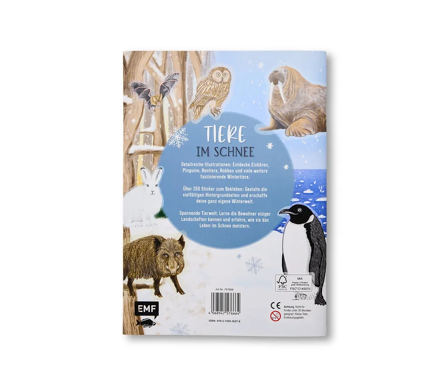 Rückseite des Kinderbuchs "Tiere im Schnee" zeigt Illustrationen von Fledermaus, Eule, Walross, weißem Kaninchen, Wildschwein und Pinguin in einer Schneelandschaft. Der Text bewirbt detaillierte Illustrationen, über 350 Sticker und die Tierwelt im Schnee.