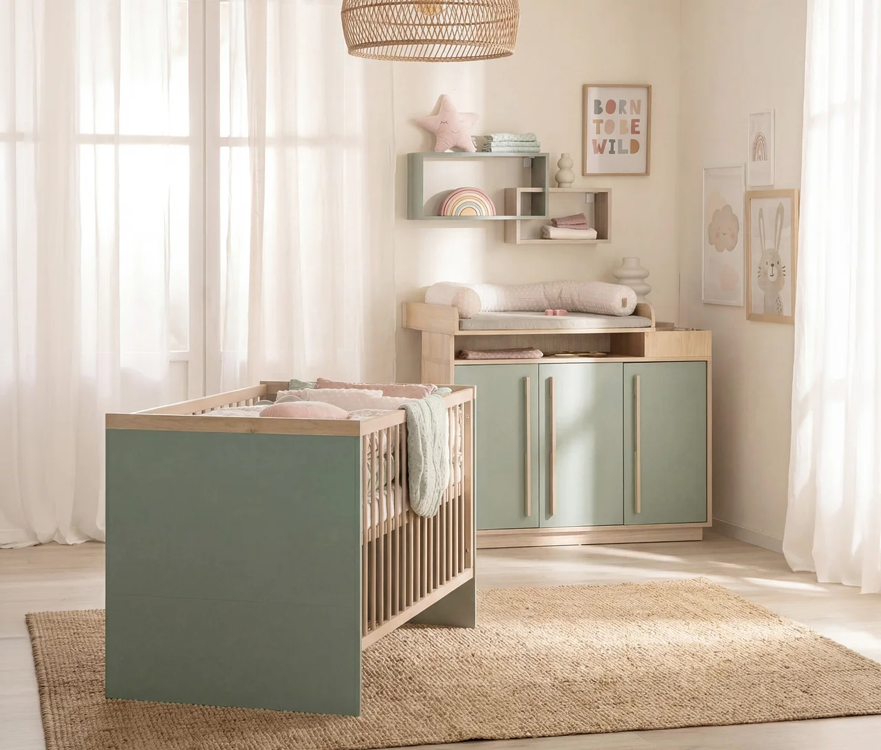 Ein helles Kinderzimmer mit einem mintgrünen Gitterbett im Vordergrund und einer passenden Wickelkommode im Hintergrund. Die Wände sind mit Bildern und Regalen dekoriert, ein heller Teppich liegt auf dem Boden.