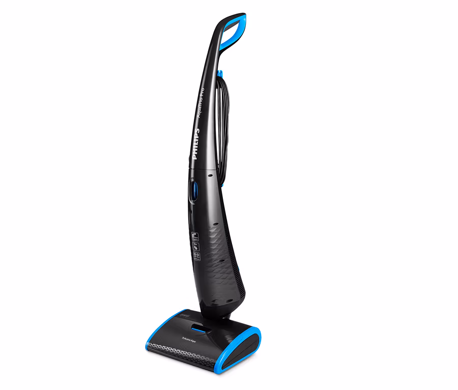 Der Philips-3-in-1-AquaTrio-Hartbodenreiniger FC7090/01 in Schwarz und Blau.
