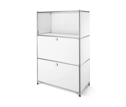 Weißes Metallregal mit zwei versetzbaren Klappenfächern.