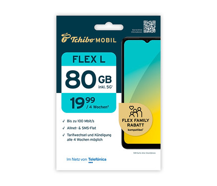 Nahaufnahme der Tchibo Mobil FLEX L SIM-Karte mit 80 GB und Smartphone-Illustration.
