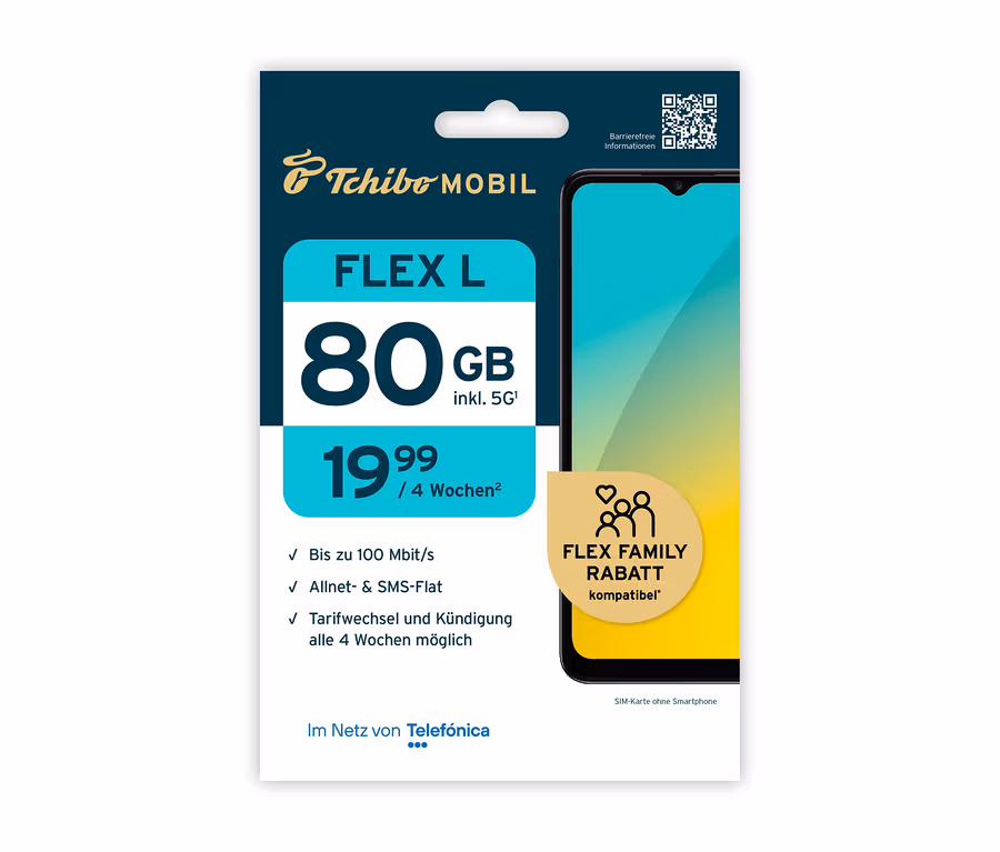 Nahaufnahme der Tchibo Mobil FLEX L SIM-Karte mit 80 GB und Smartphone-Illustration.
