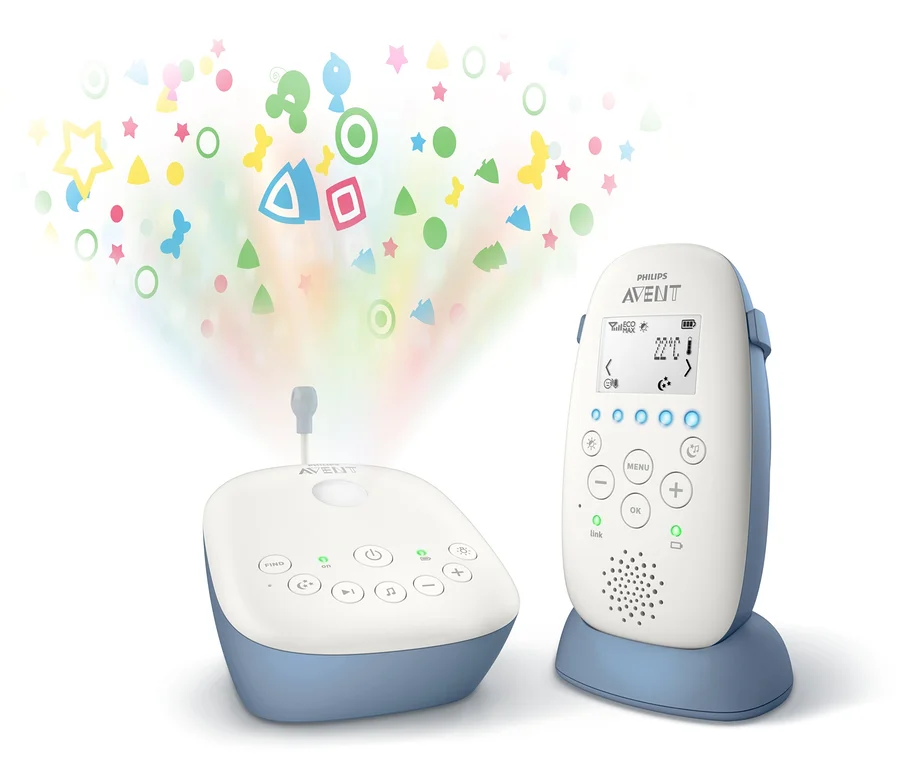 Philips-Avent-Babyphone »SCD735/26« mit Projektor, der bunte Formen an die Wand wirft.