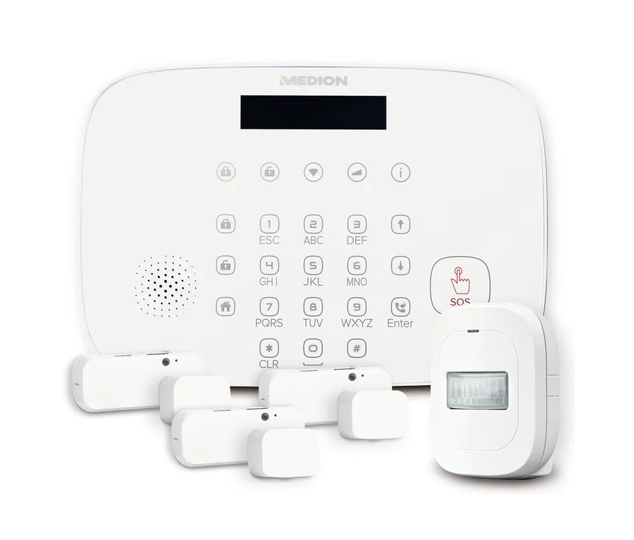 Weißes MEDION Smart Home Alarm Set mit Tastatur, Sensoren und Bewegungsmelder.
