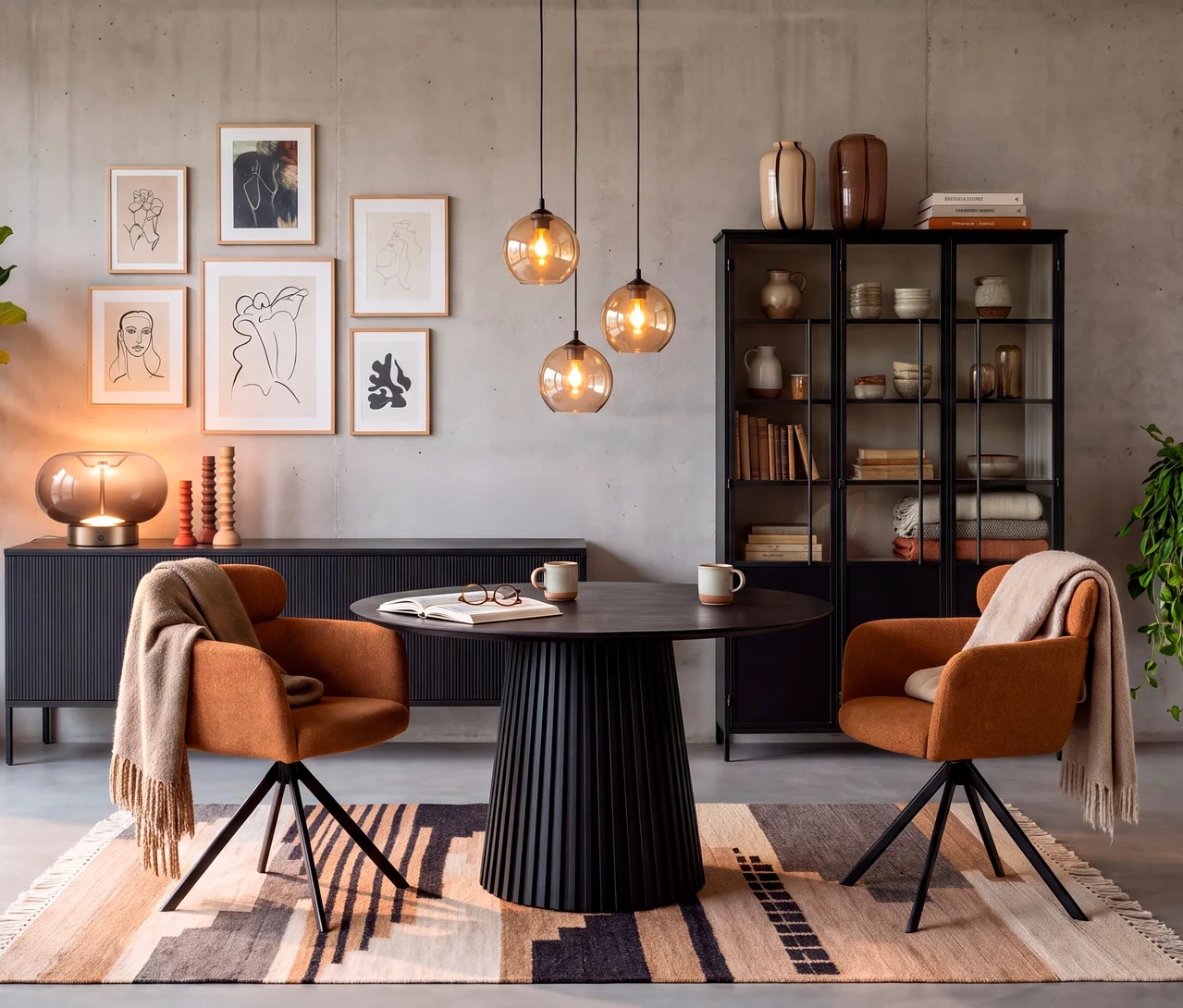 Ein modern eingerichtetes Esszimmer mit einem schwarzen WOOOD TV-Möbel »New Gravure« und einer schwarzen WOOOD Metall-Vitrine »Exhibit«. Ein runder schwarzer Tisch mit zwei orangefarbenen Stühlen steht auf einem gemusterten Teppich unter drei Pendelleuchten.