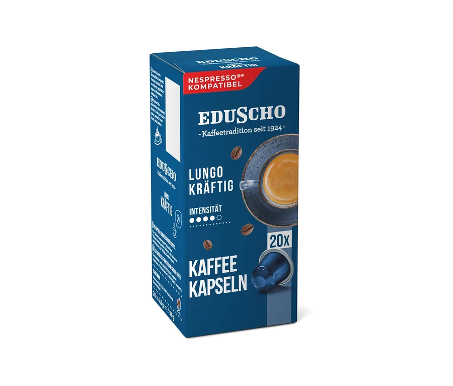 Eine blaue Packung Eduscho Lungo Kräftig Kaffeekapseln, Nespresso-kompatibel, mit Abbildungen einer Kaffeetasse, Kaffeebohnen und einer blauen Kapsel, die 20 Kapseln enthält.