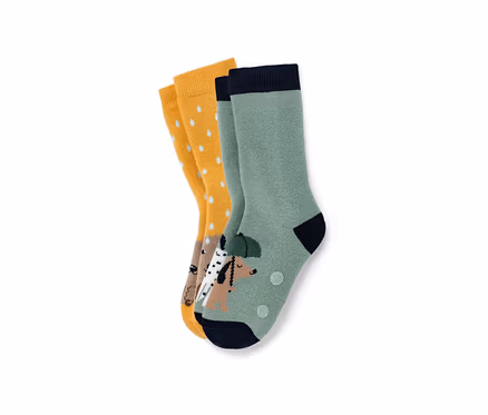 Zwei Paar Kinder-Antirutsch-Socken: ein Paar senffarben mit weißen Punkten und ein Paar grün mit Hunde-Motiv.