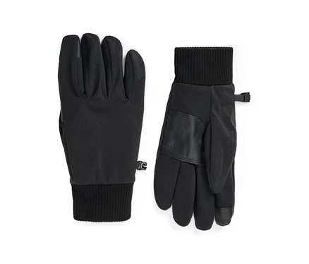 Ein Paar schwarze Softshell-Handschuhe, eines mit der Handfläche nach oben, das andere nach unten, mit gerippten Bündchen, strukturierten Handflächen und kleinen Befestigungsclips.