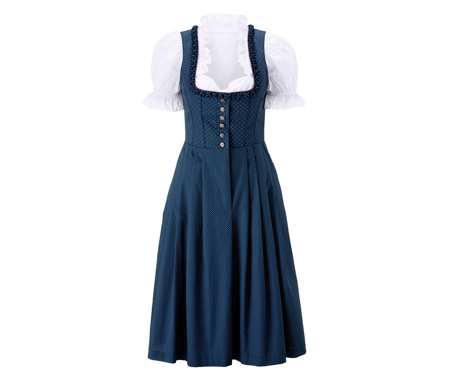 Blaues Dirndl mit weißer Bluse.
