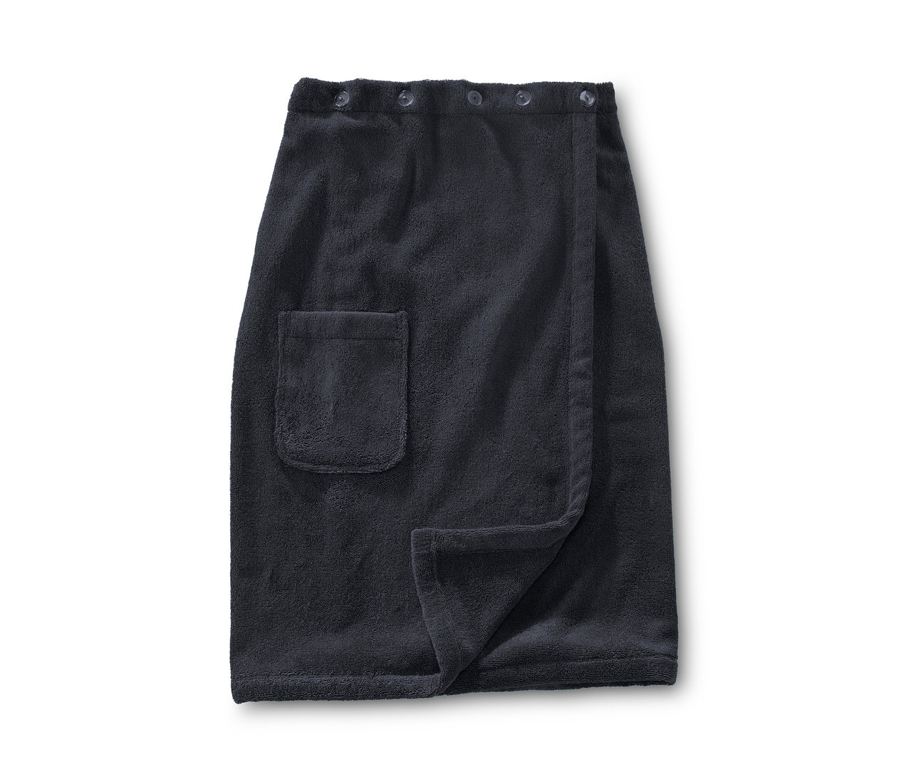 Ein marineblauer Unisex-Saunakilt mit Tasche und Knöpfen.