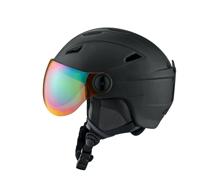 Ein schwarzer Hardshell-Ski- und -Snowboardhelm mit Visier.