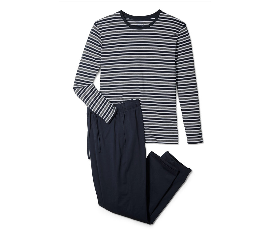 Gestreifter Pyjama mit langen Ärmeln und dunkelblaue Pyjamahose.