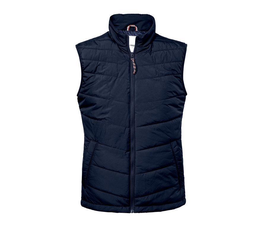 Dunkelblaue Steppweste mit Reißverschluss.