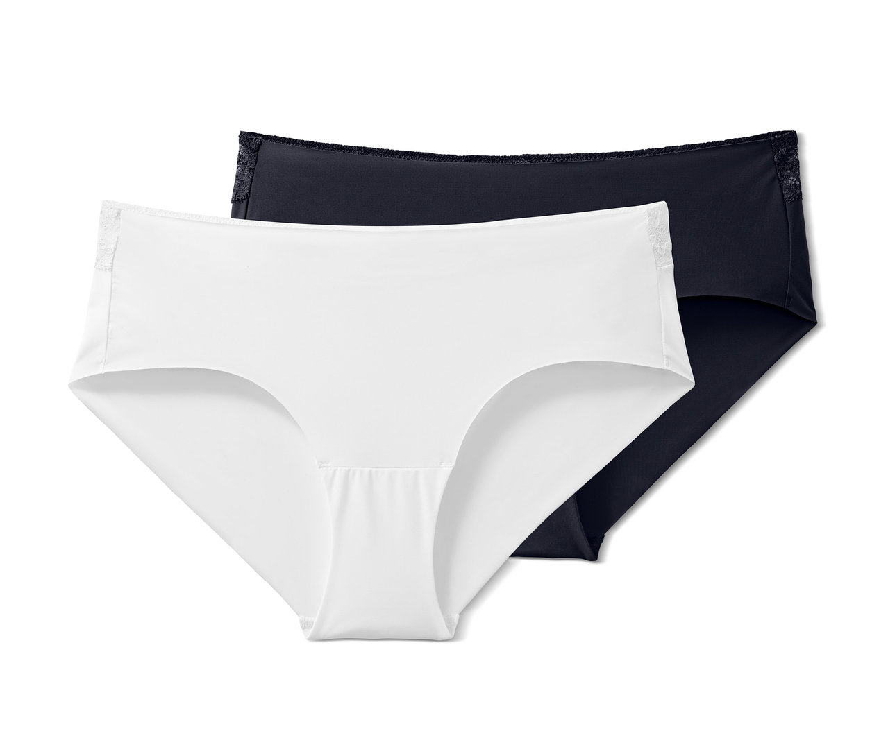 Zwei Magic-Cut-Pantys, eine weiße und eine dunkelblaue.