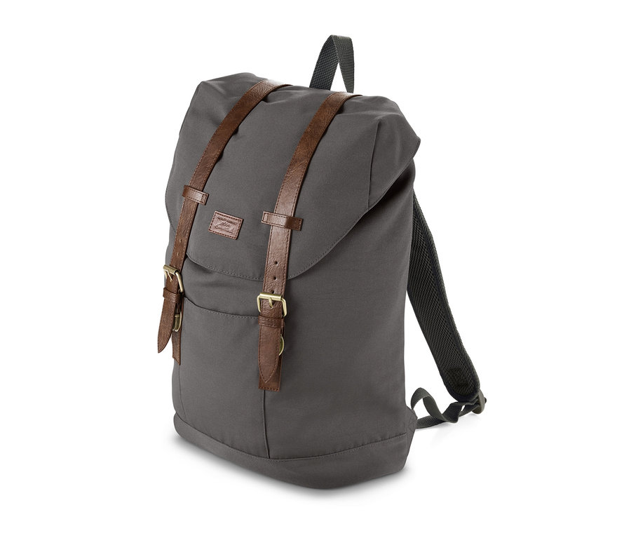 Grauer Heritage-Rucksack mit braunen Lederdetails.