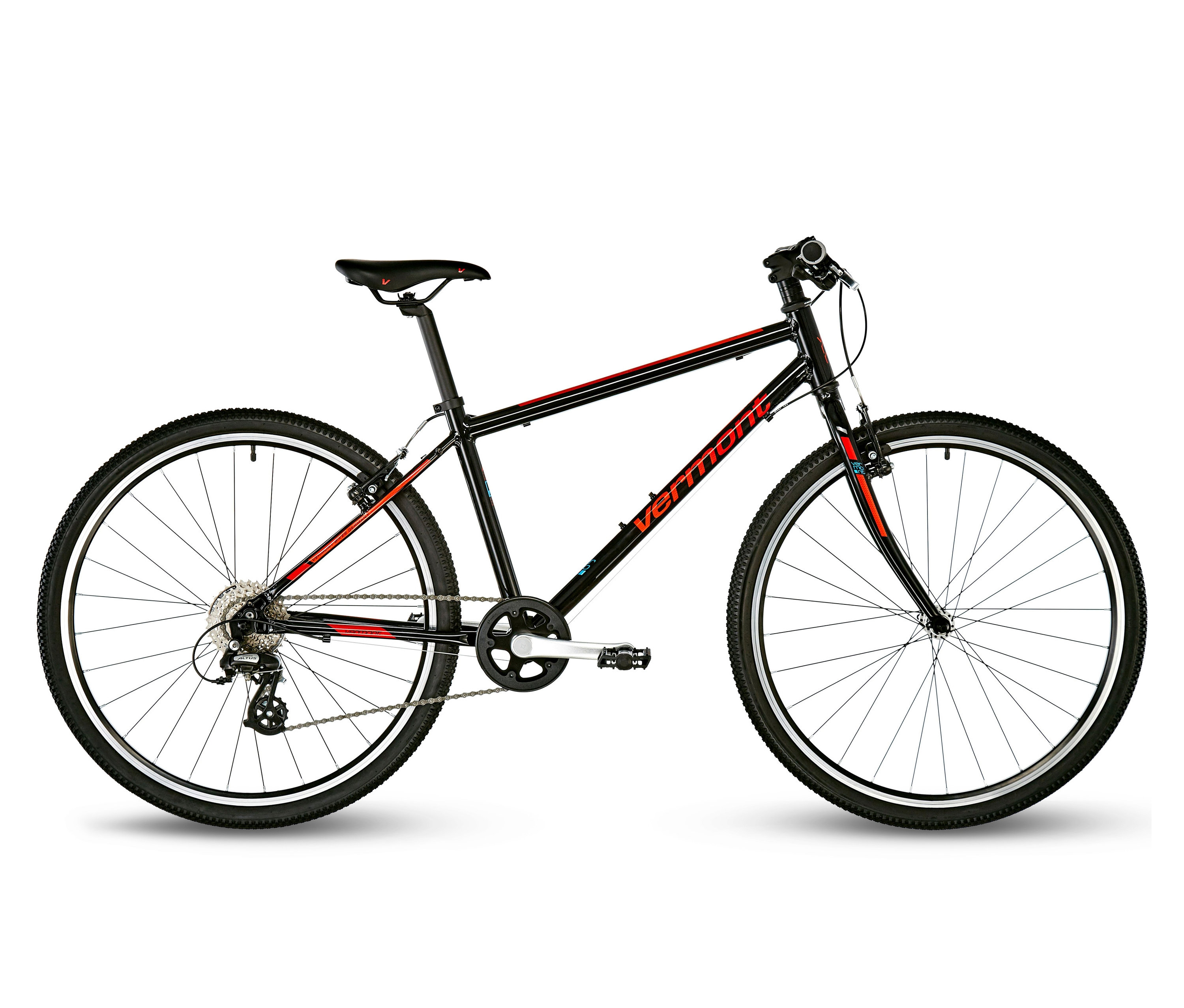 Schwarzes und rotes Vermont Superlite Sport 26" Kinderfahrrad auf weißem Hintergrund.