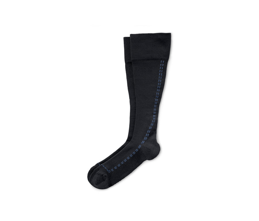 Ein Paar schwarze Sport-Kompressionsstrümpfe mit blauen Details.