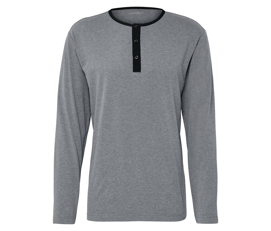 Graues Langarmshirt mit schwarzer Knopfleiste.