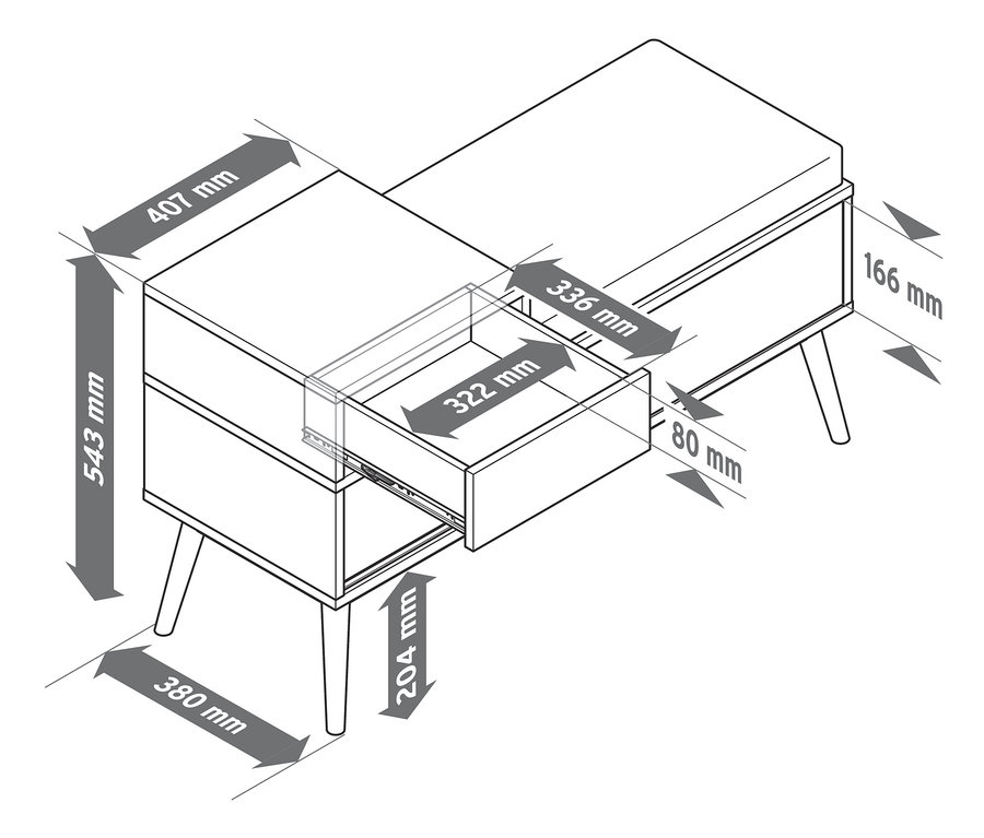 Eine Skizze einer Sitzbank mit Schuhfach, mit herausgezogener Schublade und bemaßten Abmessungen.