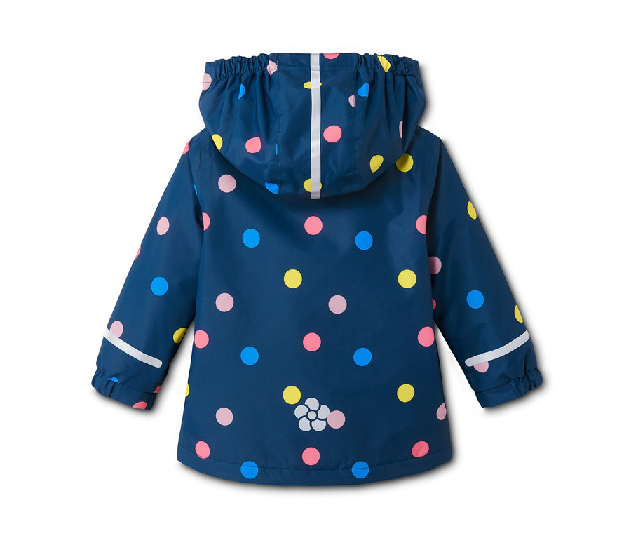 Dunkelblaue Thermo-Regenjacke mit Kapuze und bunten Punkten.