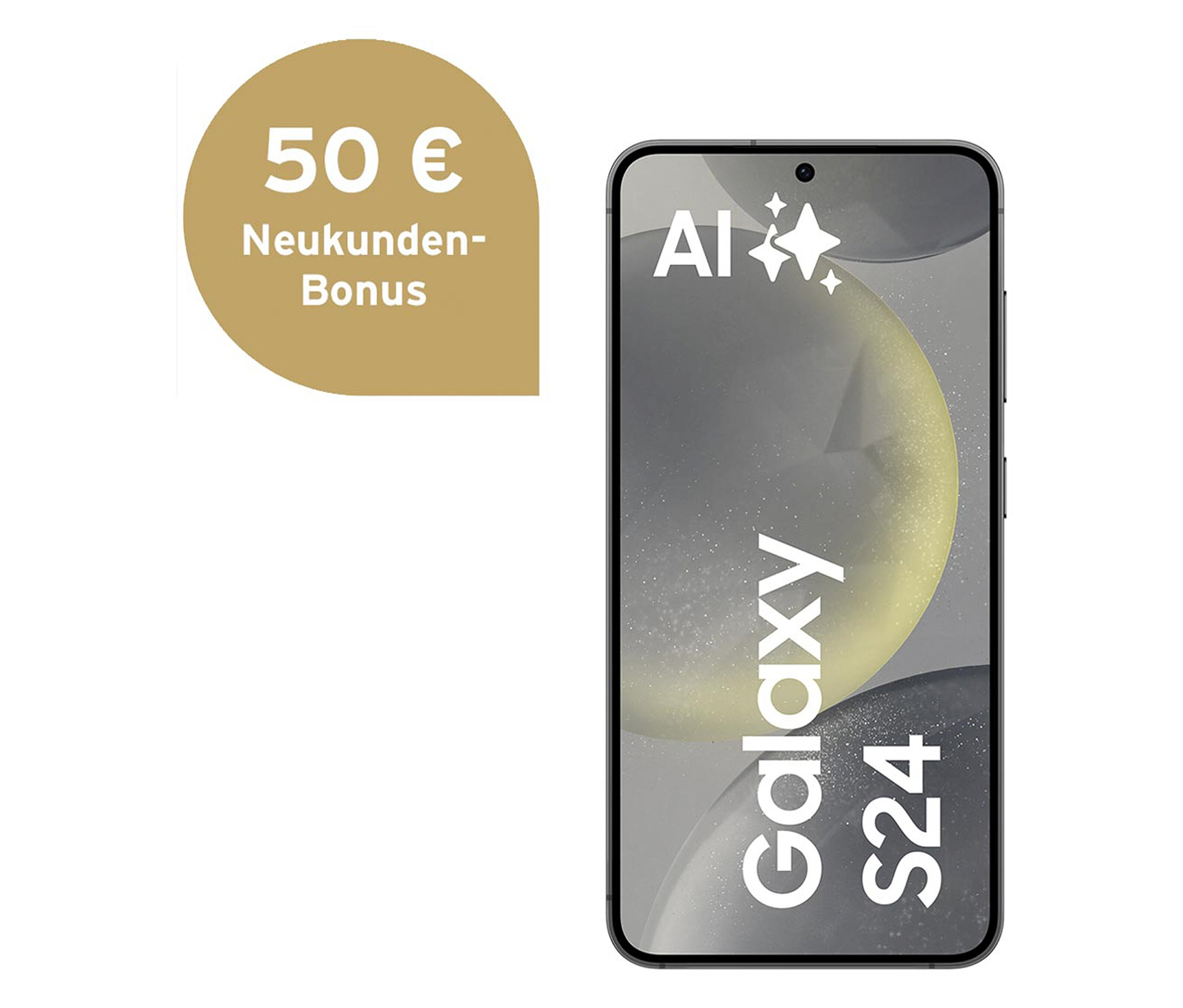 Schwarzes Samsung Galaxy S24 5G 128GB Onyx Black Smartphone auf weißem Hintergrund.